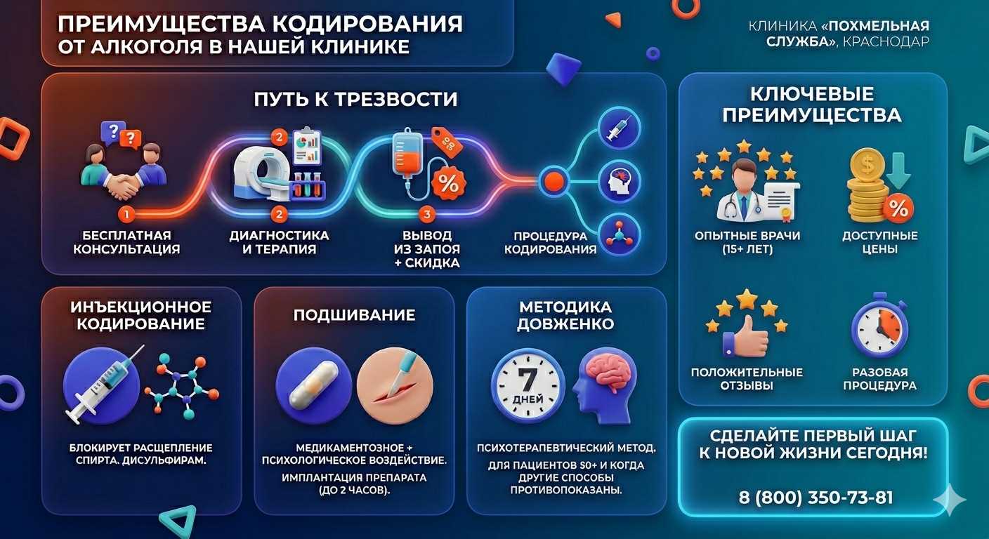 Инфографика о методах кодирования от алкоголя в Белиджи: инъекции, подшивание, метод Довженко. Преимущества клиники и этапы лечения.