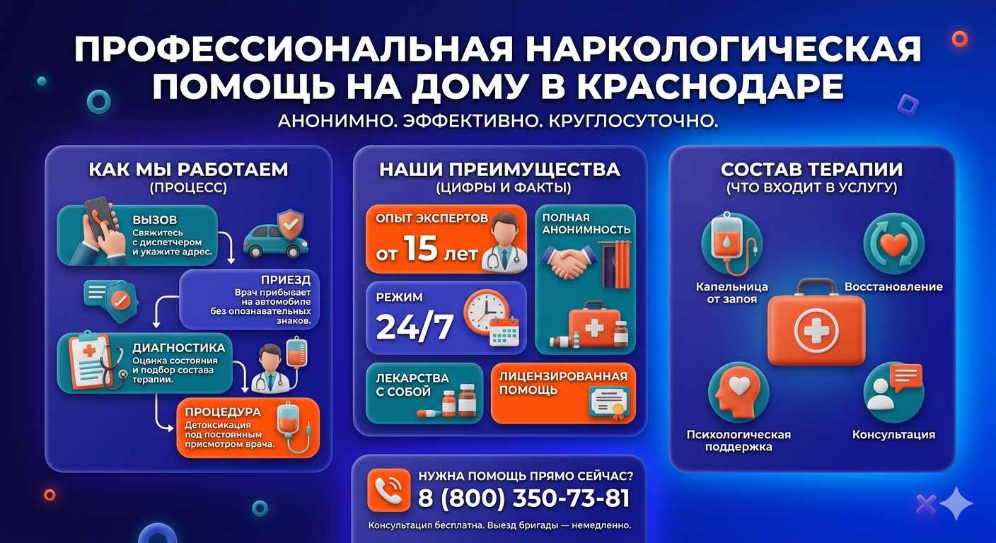 Инфографика о принципах лечения алкоголизма на дому в Белиджи: этапы вызова нарколога, преимущества анонимной детоксикации и состав медицинской помощи.
